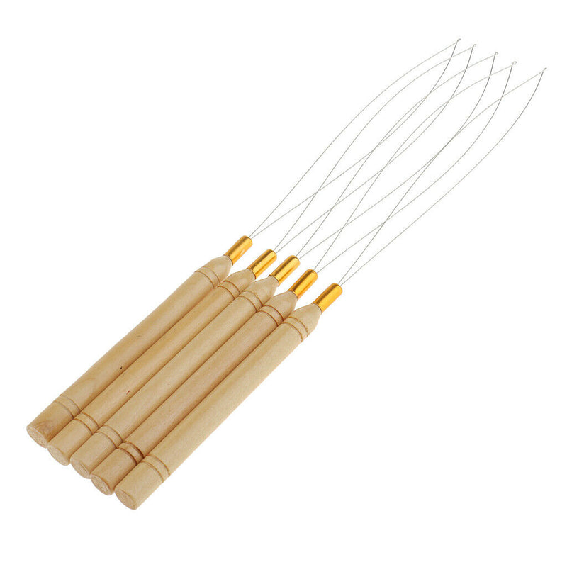 5Pcs/Set Wooden Hair Extensions Loop Needle Threader Wire Pulling Hook Tool for