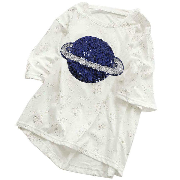 Summer Women Loose T-shirt Star Print Sequin Short-Sleeve Tops (White) (M)