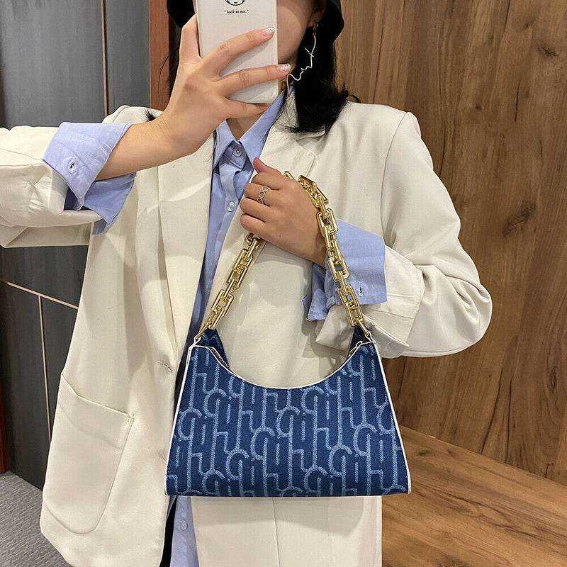 Casual Printed Women Handbag Totes PU Chain Underarm Shoulder Bags (Blue) A