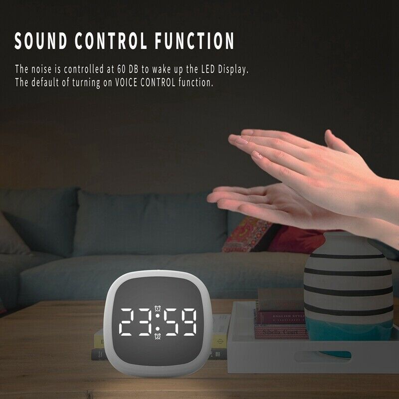 LED Digital Travel Snooze Alarm Clock Large Screen Silicone Voice Controlle E7G5