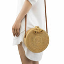 Women Handwoven Round Rattan Bag Shoulder Leather Straps Natural Chic Handb