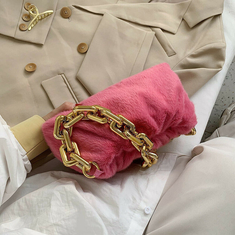 Women Cloud Handbags Plush Soft Thick Chain Shoulder Underarm Bags (Pink)