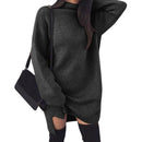 Solid Color Sweater Dress Women High Neck Long Sleeve Dresses (Black L)