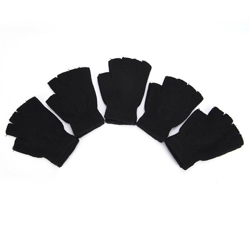 Men Black Knitted Stretch Elastic Warm Half Finger Fingerless Gloves Winter Z