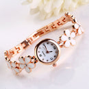 Girls Chic Fashion Flower Rose Golden Bracelet Wrist Watch White A