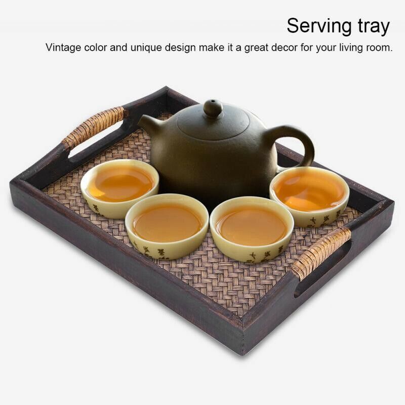 Multi-Functional Wooden Serving Trays With Handle Rectangle Handmade Rattan N7T1