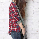 Autumn Casual Women Blouses O-neck Plaid Splicing Loose Tops (Grey)(S)