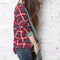 Autumn Casual Women Blouses O-neck Plaid Splicing Loose Tops (Grey)(S)