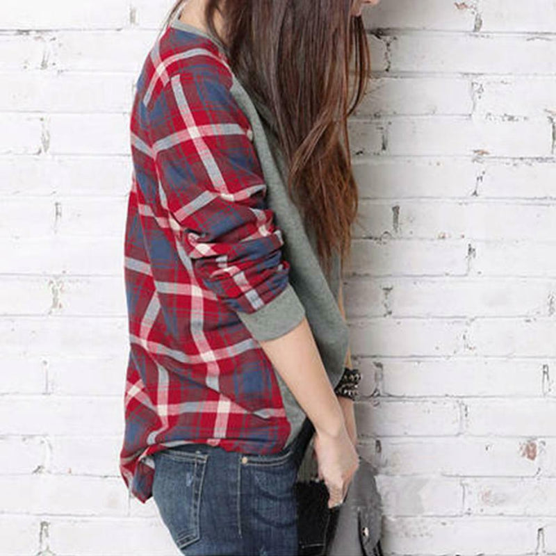 Autumn Casual Women Blouses O-neck Plaid Splicing Loose Tops (Grey)(S)