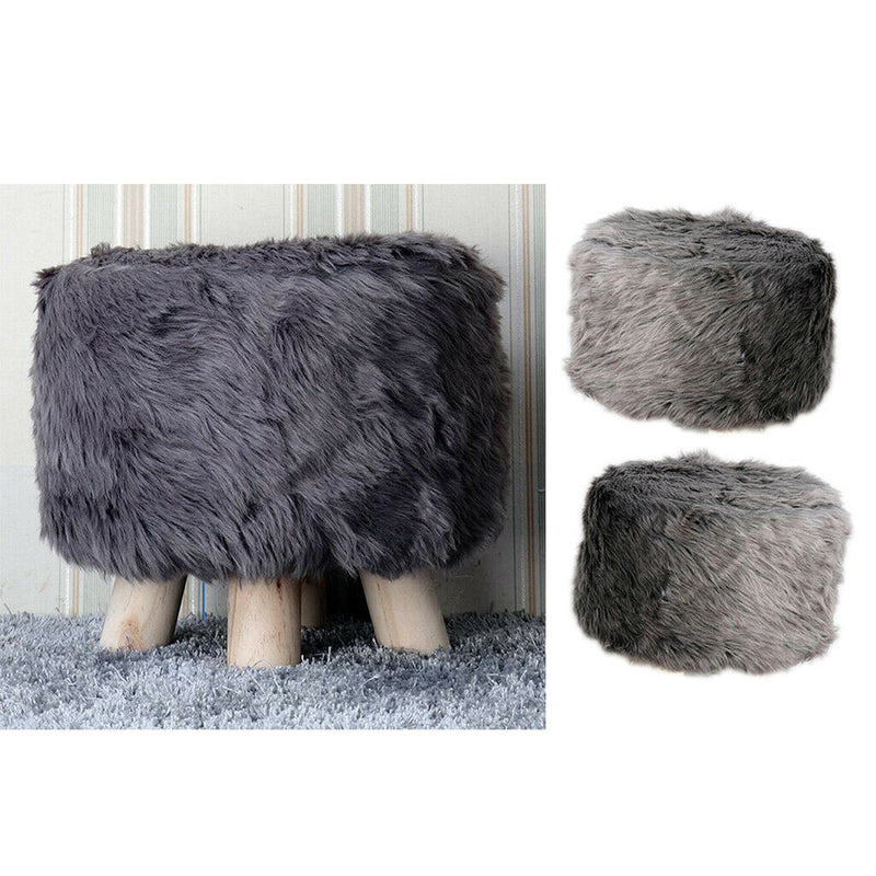 2pcs 16" Comfy Furry Footstool Cover Round Stool Slipcovers Protector Gray