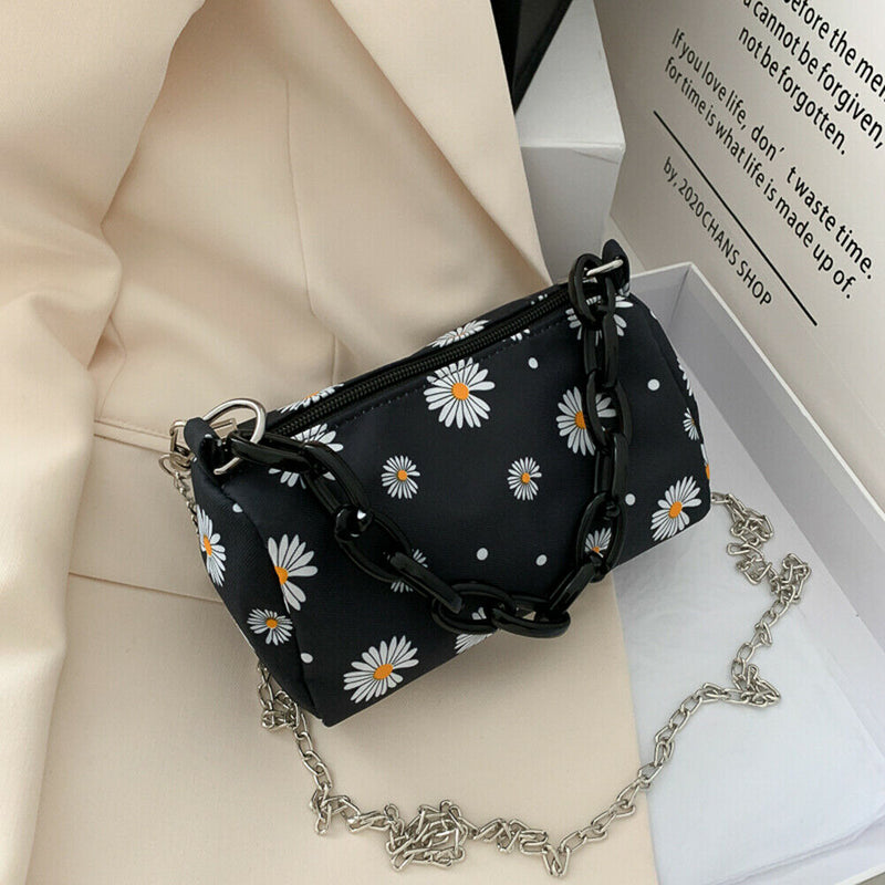 Daisy Flower Handbag Beach Women Canvas Chain Shoulder Bucket Bag (Black)