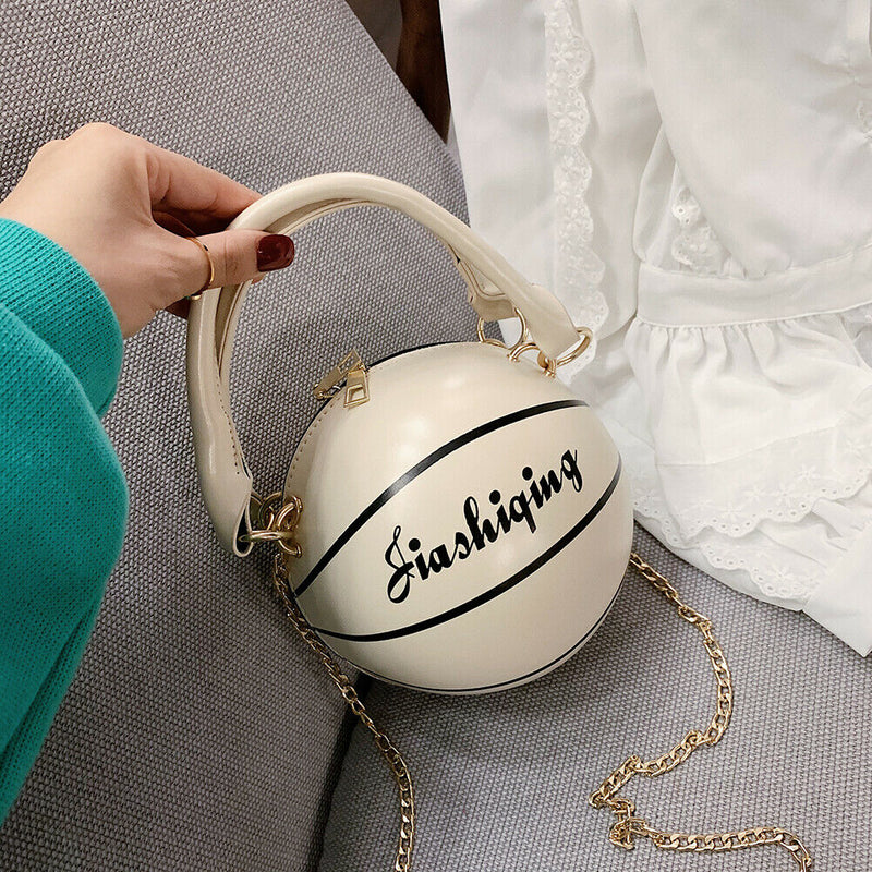 Round Basketball Women Leather Shoulder Messenger Bag Chain Handbag (White)