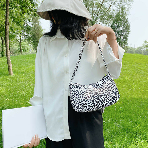 Cow Dot Printed Handbag Women PU Totes Small Underarm Shoulder Bag (Black)