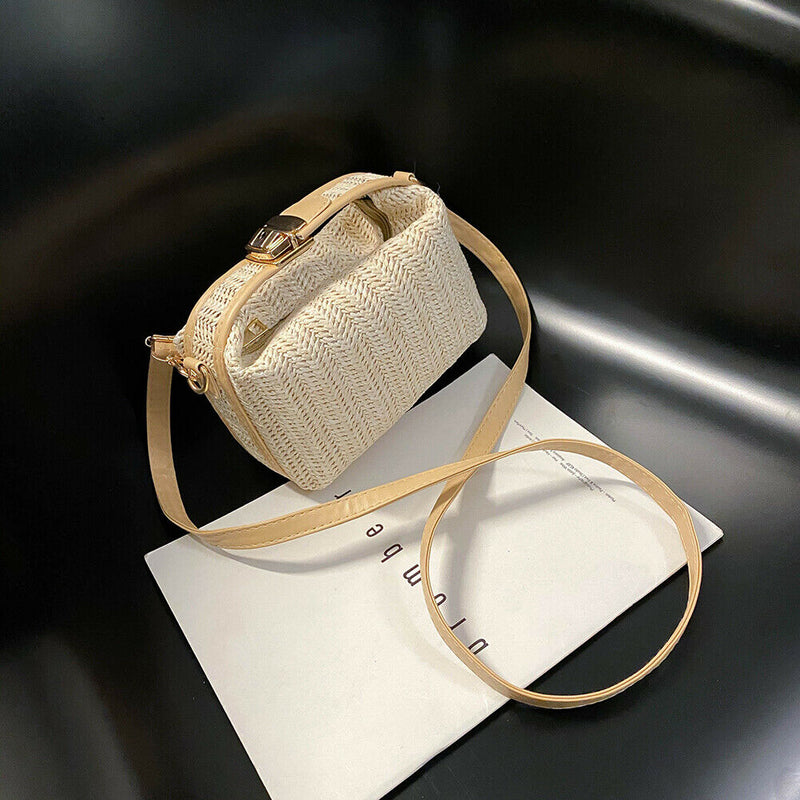 Women Straw Shoulder Bag PU Splicing Female Casual Messenger Pouch (Khaki)