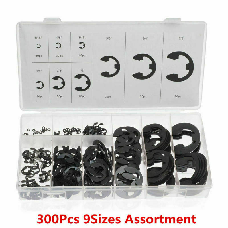 300pc E-Clip Assortment | SAE Black Oxide Fastener Set Retaining Ring Kit