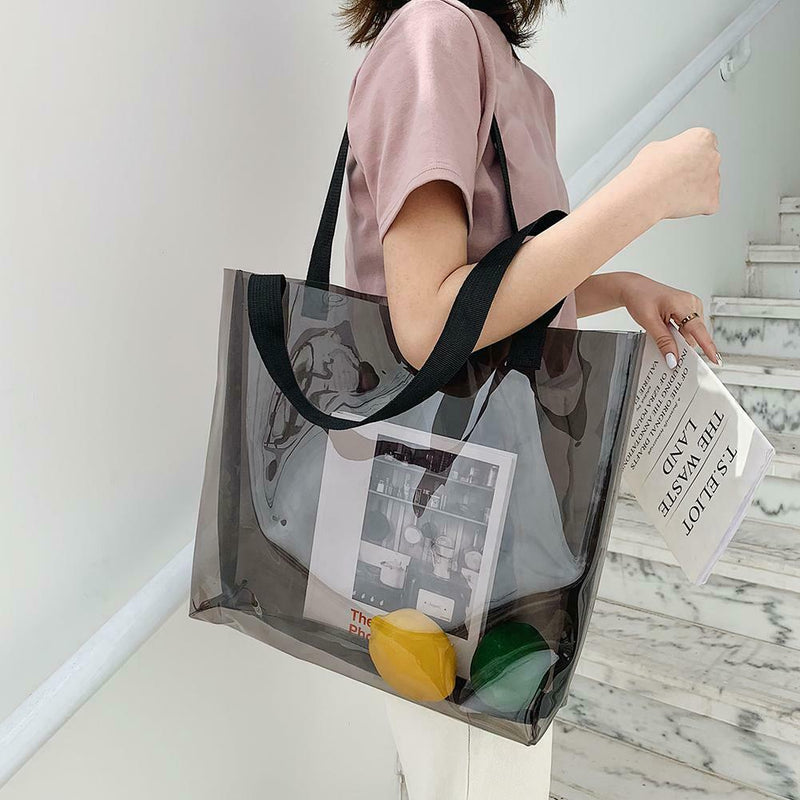 Clear PVC Transparent Shopping Bag Shoulder Handbag Lady Travel Tote (Grey)