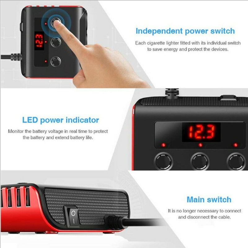 3-Way Car Cigarette Lighter Adapter 12V-24V Socket Splitter LED 4 USB Charger