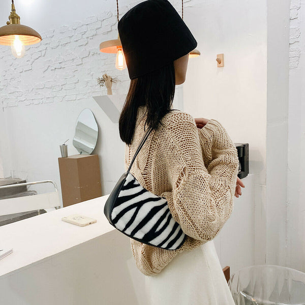 Women Plush Shoulder Underarm Bag Zebra Printed Fashion Winter Handbag (3)