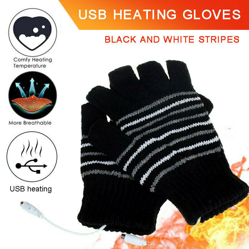 Unisex 5V 1 Pair Winter Knitted USB Electric Heat Thermal Gloves Black & White