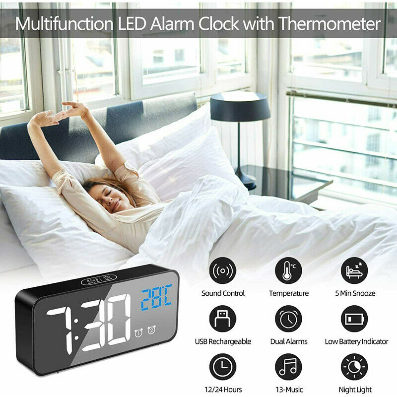 Multifunction Mirror LED Alarm Clock Digital Clock Thermometer USB Night Light