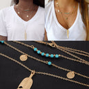 3 Layers Womens Boho Pendant Necklace Metal Feather Beads Sexy Jewellery