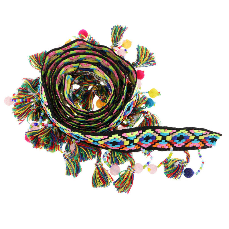 1 Yd Ethnic Style Colorful Pom Pom Ball Beads Lace Tassel Ribbon Fringe Trim