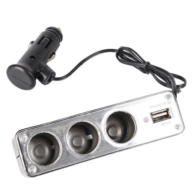 Triple Socket Splitter Cigarette Lighter Adapter Plug & USB Port 3 Way Charge ^