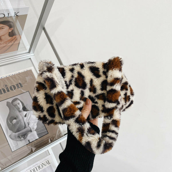 Animal Pattern Underarm Bag Women Mini Plush Shoulder Handbags Purse (8)