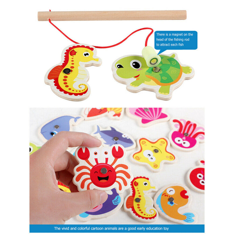 Wooden Two-Pole Sea Animal Fishing Magnetic Toys Set Early Education Game