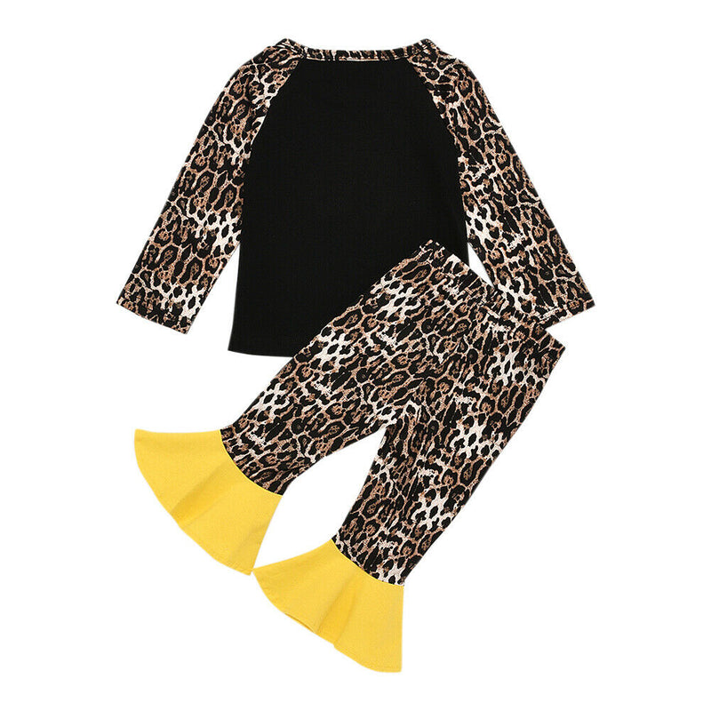 2pcs Kid Autumn Clothes Set Leopard Girls Jumper + Bell Bottom Pants (5-6T) A