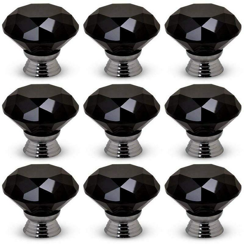 8 X 40mm Diamond Black Crystal Glass Door Cupboard Knobs Pull Handle Drawer S7H9