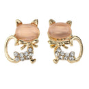 Cat Eye Stone Diamond Shiny Kitty Cute Small Animal Earrings (Pink) A