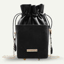 Elegant Leather Messenger Bag Women Shoulder Drawstring Handbag (Black)