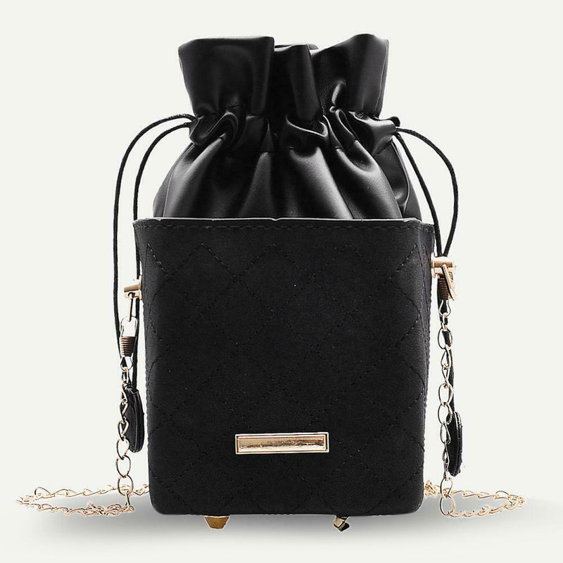 Elegant Leather Messenger Bag Women Shoulder Drawstring Handbag (Black)