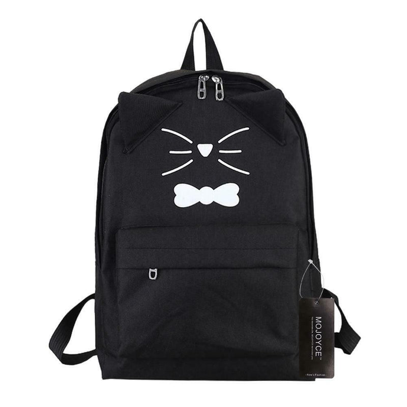 Women PU Leather Lovely Cartoon Cat Printed Backpack Shoulder Bag(Black)