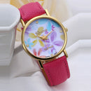 Fashion Casual Watch Women Flower Dial Leather Quartz Analog Wristwatches Red