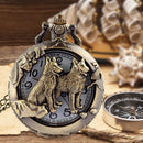 Unisex Bronze Wolf Hollow Quartz Pocket Watch Necklace Pendant Chain Women Men*