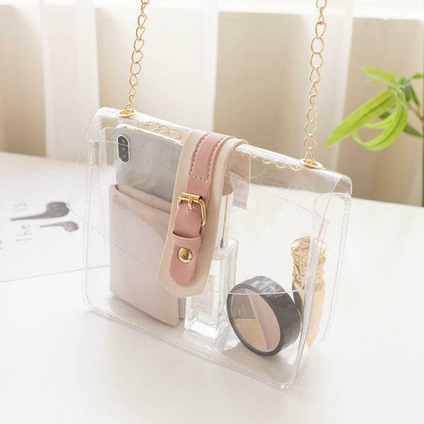 2pcs/set Clear Shoulder Handbags PVC Women Chain Crossbody Clutch (Pink) A#S