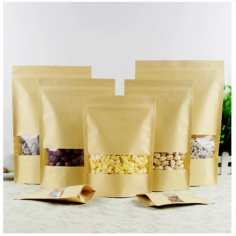 Stand Up Pouch Bags, 100 Pack Kraft Pouch with Tear Notch and Matte Window, Heat