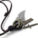 Jewelry Mens Women's Necklace, Angel Wings with Cross Pendant Leather Chain V4P9
