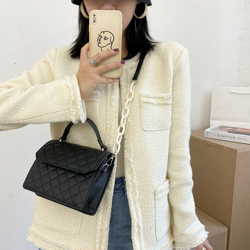 Lattice Women Messenger Bag Small Square Shoulder Crossbody Handbag (Black)