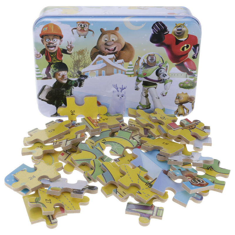 60Pcs Cartoon Wood Puzzle Brain Teaser Toys w/ Iron Storage Box For Kids