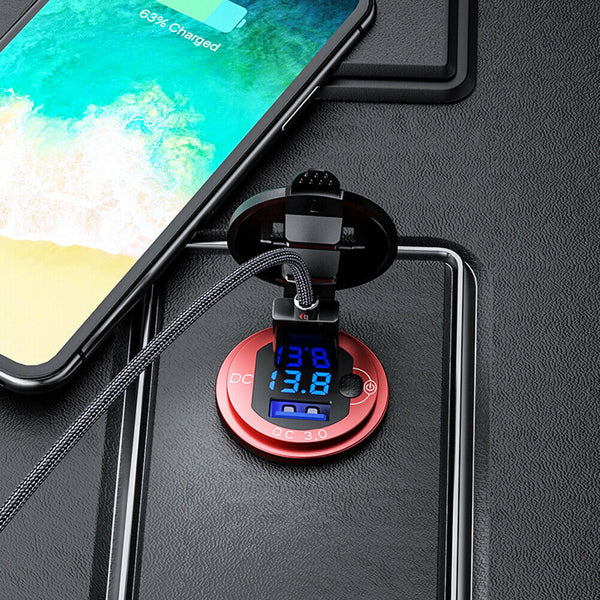 L4 Car Dual USB Charger QC3.0 USB Power Outlet w/ Voltmeter + Switch (Red)