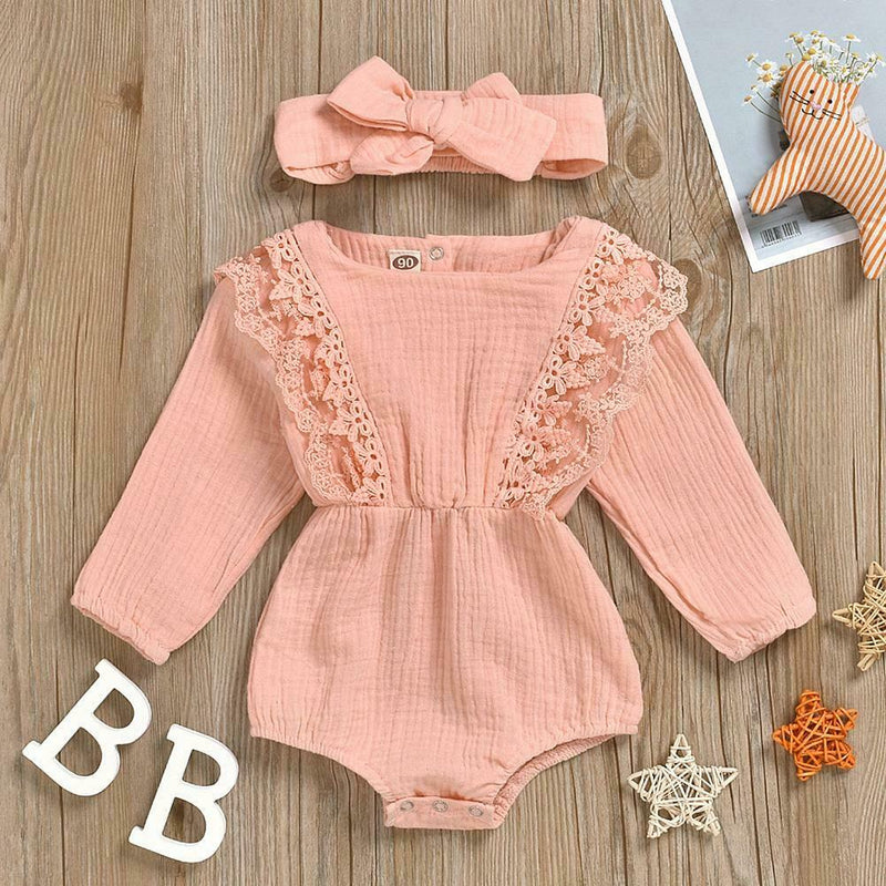 2pcs Clothes Set Baby Kids Girls Solid Color Rompers+Headband (Pink 12-18M) A