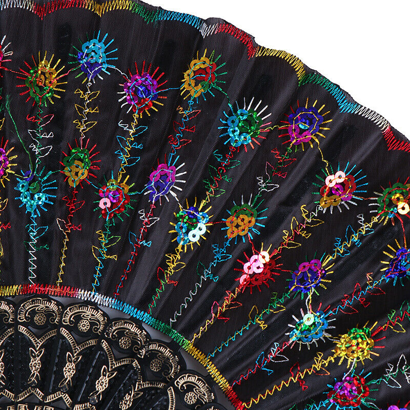 Rainbow color Christmas Dance Fan Peacock Pattern Folding Embroidered Gift fa lj
