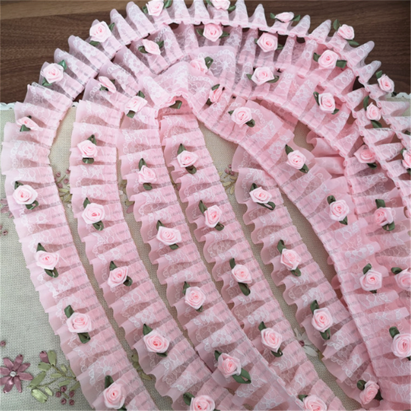 1 Yard/91cm 5cm Pink Rose Flower Ruffle Lace Trim Chiffon Pleated Ribbon Crafts