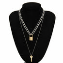 Double Layer Key Pad Lock Long Chain Pendant Choker Necklace Women Punk Jewelr-