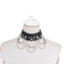 Black Leather Choker Metal Ring Chain Necklace Collar Handmade Goth Jewelry ME