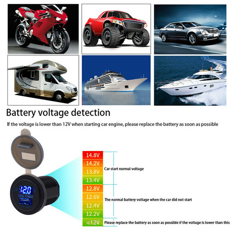 12V USB Car Mobile Phone Charger Car LED Display Voltmeter Two In One A