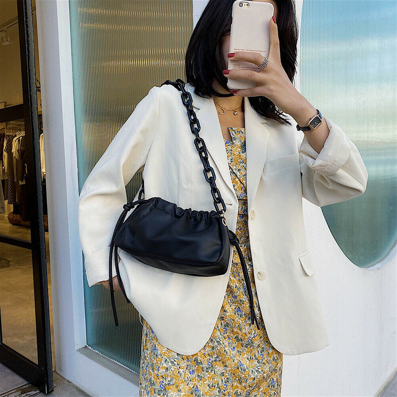 Candy Color Women Handbag Leather Elegant Chain Shoulder Tote Bag (Black)
